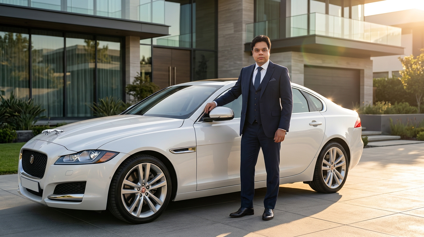 Brijesh Shukla in a tailored suit beside his pearl white Jaguar XF