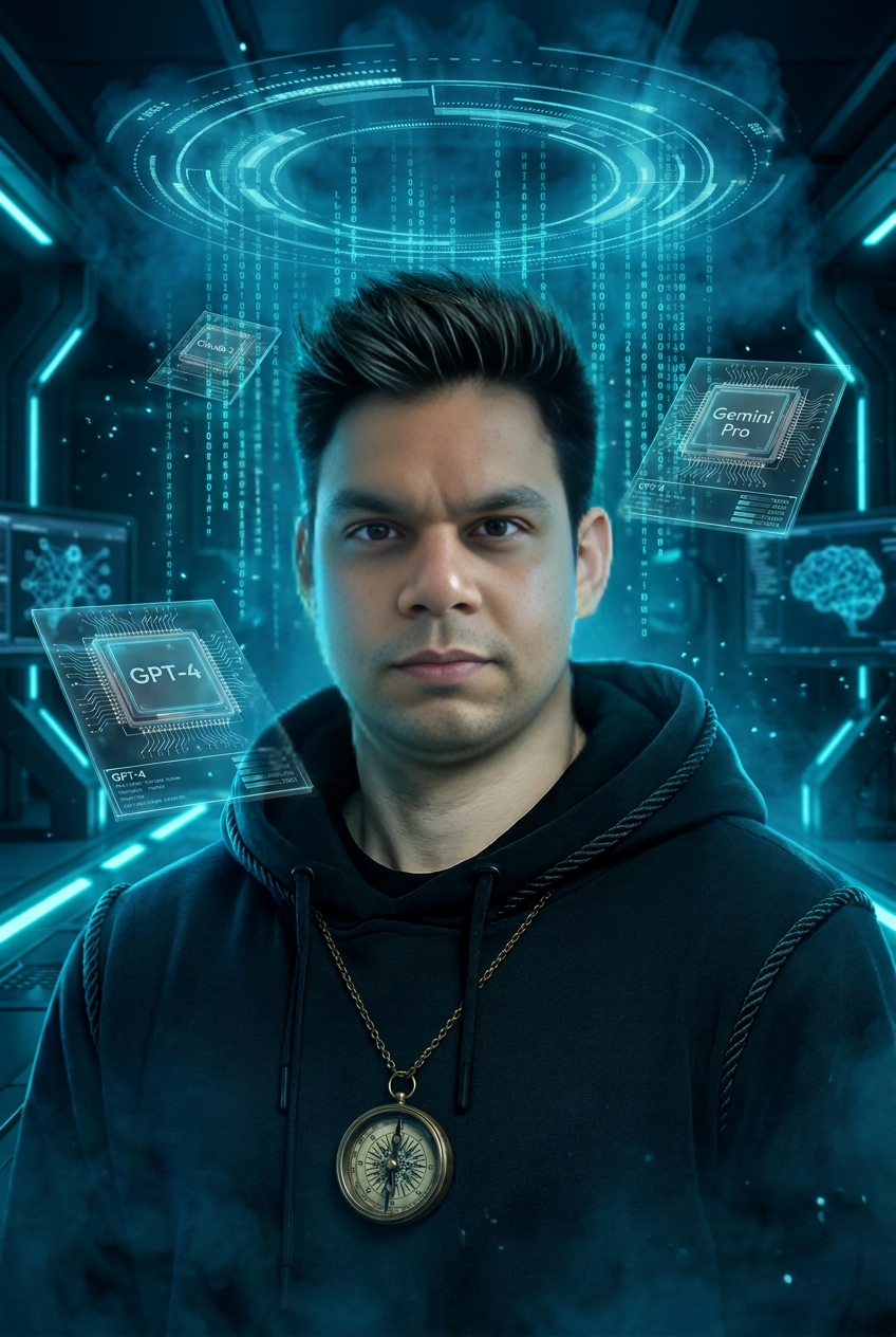 Brijesh Shukla in the AI laboratory with holographic model chips