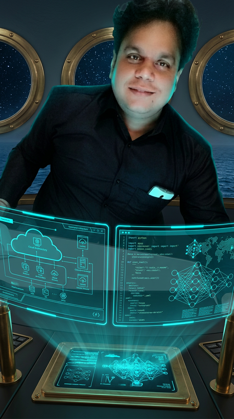 Brijesh Shukla at a command deck of holographic technology screens
